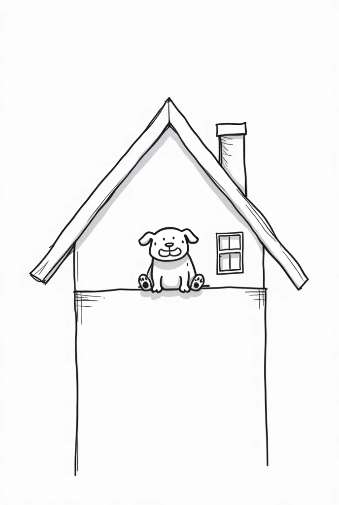 Line drawing with thick lines of a dog sitting on the roof of a house, , the drawing must have few lines, almost like a vector . The dog must be small , , a little chubby and dwarf, and the roof must look bigger than him,  the house must be a large family ...