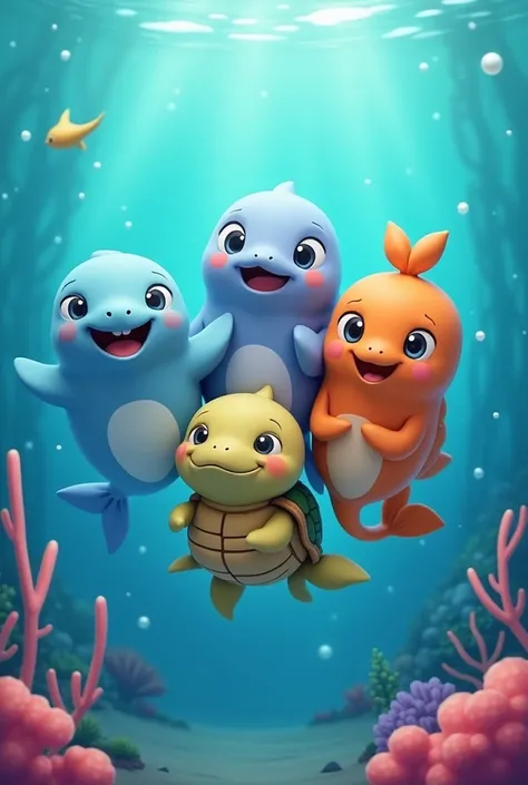 Make a picture of a cartoon series title Lilo and friends. Lilo is a cute dugong. Her Friends are a ciko a dolphin, momo a tortoise and pippo a squid. Edit pippo a squid with many legs. Make it more cute and chubby