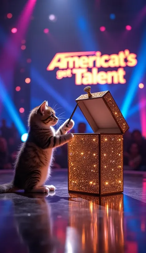 "On the stage of Americats Got Talent, the small kitten magician stands beside a tall, glittering magic box with its door wide open, revealing an empty interior. The kitten gestures toward the box with its wand, emphasizing the emptiness. The polished refl...