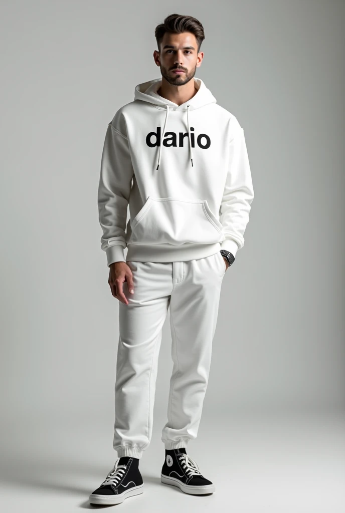 create a man standing with white hooded designer sweatshirt text "DARIO" , white pants , posing for a modeling photo , black tennis shoes , hdr , full hd , 4k