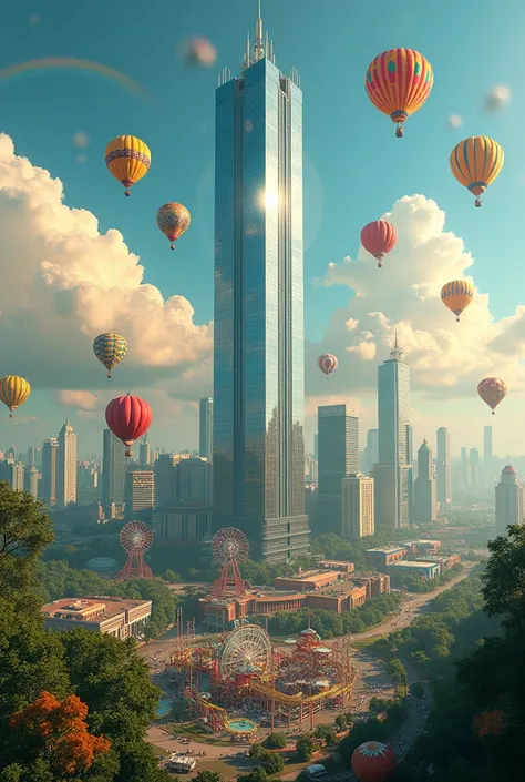 Make me the WORLD TRADE CENTER IN MEXICO CITY, hot air balloons and an amusement park connected to the building 