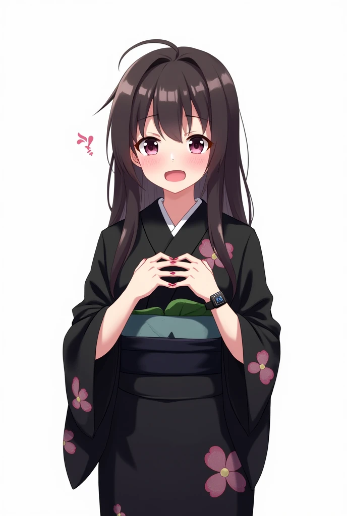 Anime girl with black yukata with worried flowers and with a white background and a full body and with pink nails and a black watch with her fists on her chest both hands with an emotion of nervousness and with an expression of concern and a feeling of sad...