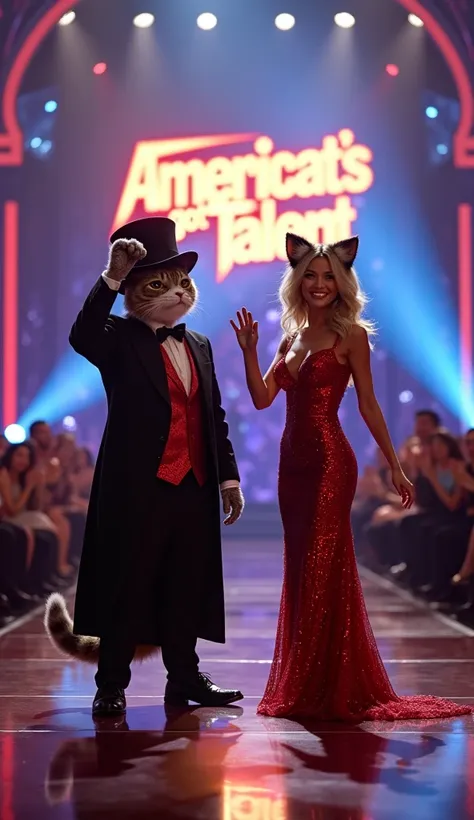 "On the stage of Americats Got Talent, the anthropomorphic feline magician and their elegant human assistant stand together in the spotlight, bowing to the audience. The magician, dressed in a black suit with a red vest and shiny top hat, tips their hat gr...