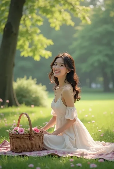 Korean girl in white dress in the park with a picnic. She is wearing white dress, bare shoulder and there is a picnic basket beside her feet.