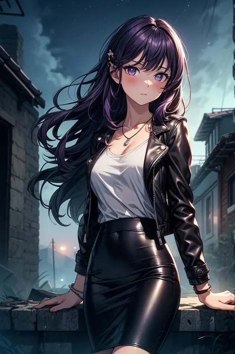 ((masterpiece, best quality:1.3, high detail)), beautiful serious woman, looking at viewer, long wavy hair, (dark purple hair), hairpin, bright purple eyes, light blush, (leather jacket), (long black pencil (skirt)), long skirt, necklace, bracelets, collar...