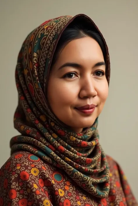  Malay woman with batik hood.  Aged around 40 s ,  not very stocky body , weight 50 kg . 