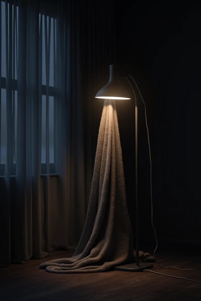  A turned off floor lamp wrapped in a scarf in a dark room at night. The windows are covered with curtains 