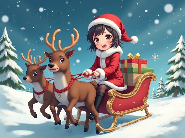 Realistic、 anime style、schoolgirl、 Santa Claus、8 heads、whole body。One person、Reindeer-drawn sleigh、