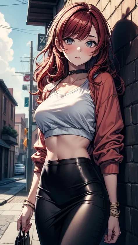 ((masterpiece, best quality:1.3, high detail)), beautiful woman, looking at viewer, long wavy hair, (dark red hair), full-face blush, (white sweatshirt crop top), wrinkled fabric, (long black midi pencil (skirt)), midriff, navel, bracelets, collarbone, out...