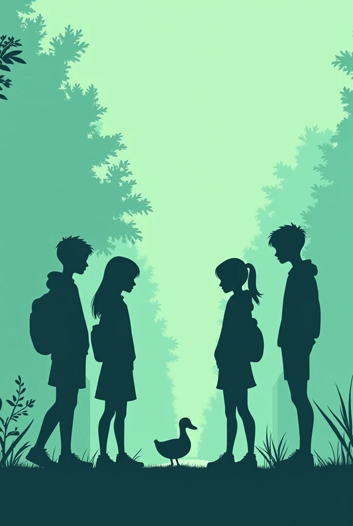 image. silhouette of 5 teenagers talking at school. minimalist, Green and blue.put a duck in the picture 