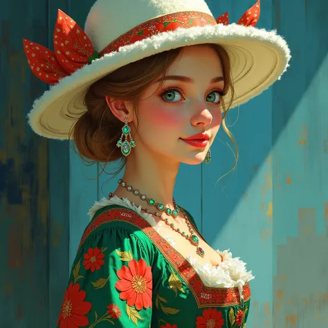 Van Gogh style、(( best quality))、((masterpiece))、( Details)、Fair-skinned、Blue Eyed、 A beautiful Russian princess wearing a Russian national costume is smiling、A hat and dress with a red flower pattern based on green 、 wearing large diamond emerald earrings...