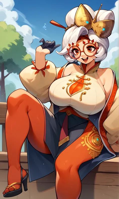 score_9, score_8_up, score_7_up, score_6_up, score_5_up, score_4_up, (source_anime), purah,
1girl,  huge breasts, narrow waist, thick thighs,  hair ornament, red headband, red glasses, sleeveless shirt, white coat, black skirt, red leggings, gloves, high h...