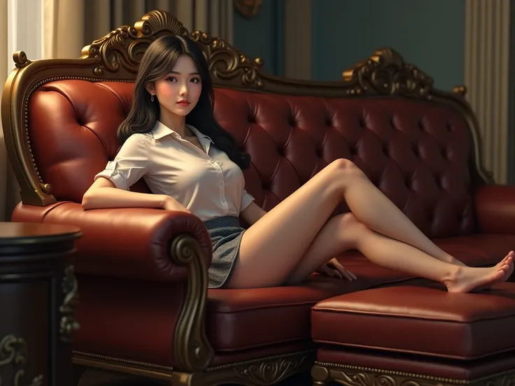 Create a picture of a Thai female student with her legs draped over a footrest, her arms on a sofa, and her legs sitting on a leather sofa throne.