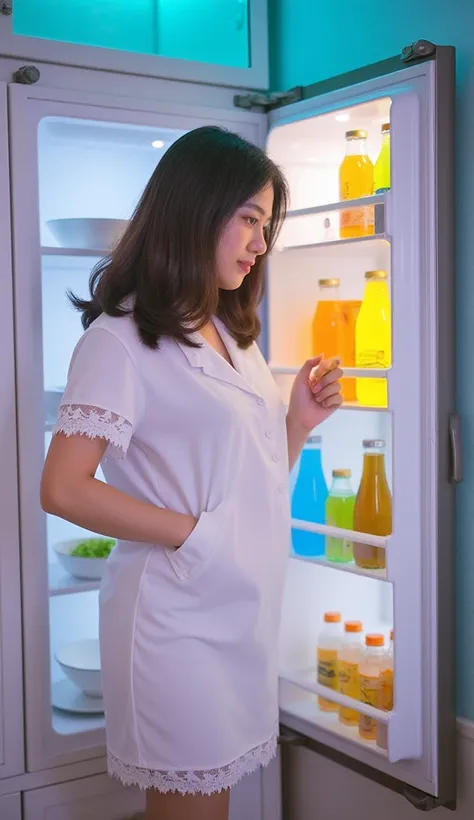 The image portrays a stylized illustration of a young woman standing in front of an open refrigerator in a softly lit kitchen. She is depicted in a slim white lace-trimmed nightgown that hugs her figure, exuding an air of casual elegance and intimacy. The ...