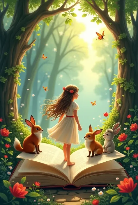  Illustration about a fairy tale come to life,  going out of a book into the world , girl and animals .