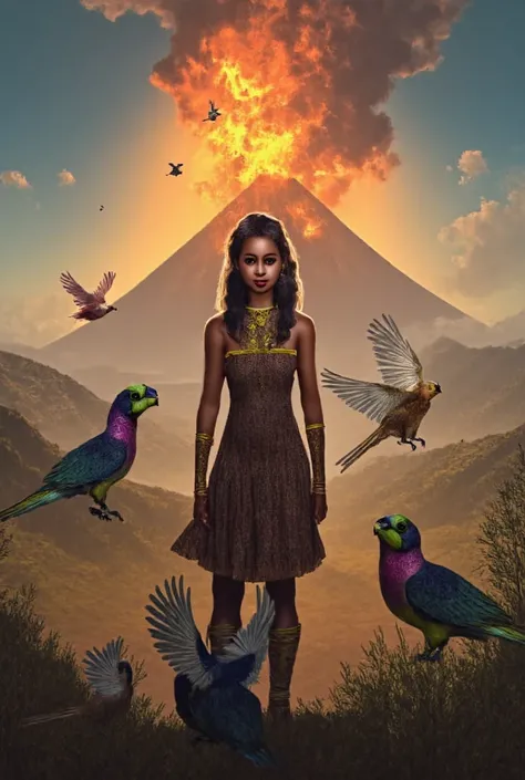 huetar maiden in front of an erupting volcano accompanied by a group of small colourful birds