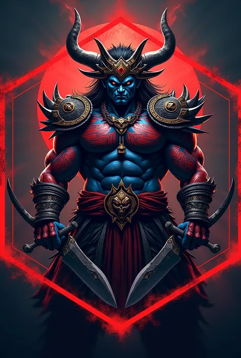 Hexagonal Logo, King of asura(blue skin, red tribal tattoo), asura clan, held two curve demonic machete 