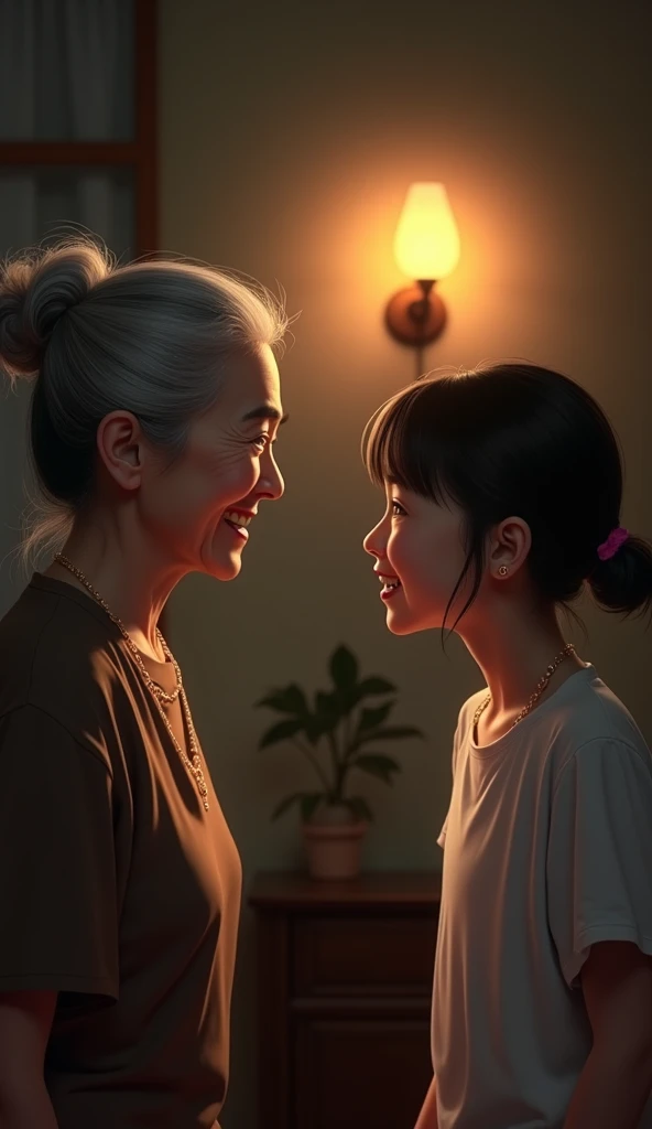 Image of a happy old Vietnamese woman talking to a 20 year old Vietnamese girl, the old woman with white hair and brown shirt is smiling happily at the girl, the girl is wearing a white t-shirt, the scene is in the living room, the light is dim from the la...