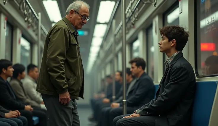 Picture a middle-aged man standing halfway up from a subway seat and a young man looking in front of him