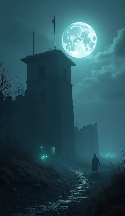  A moonlit view of the fort at night, shrouded in complete silence. The scene features glowing orbs of light floating mysteriously in the air, long eerie shadows on the ground, and faint whispers echoing through the ruins. An abandoned watchtower looms in ...