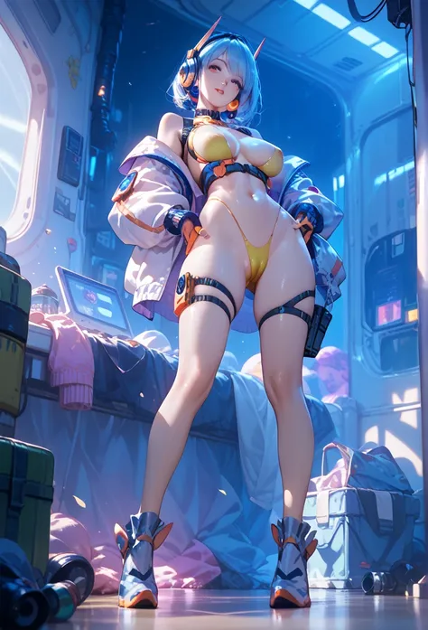 Perfect face, perfect anatomy, firm breasts, camel toe, wearing a cyber battlesuit with open front , standing back to back, full body shot