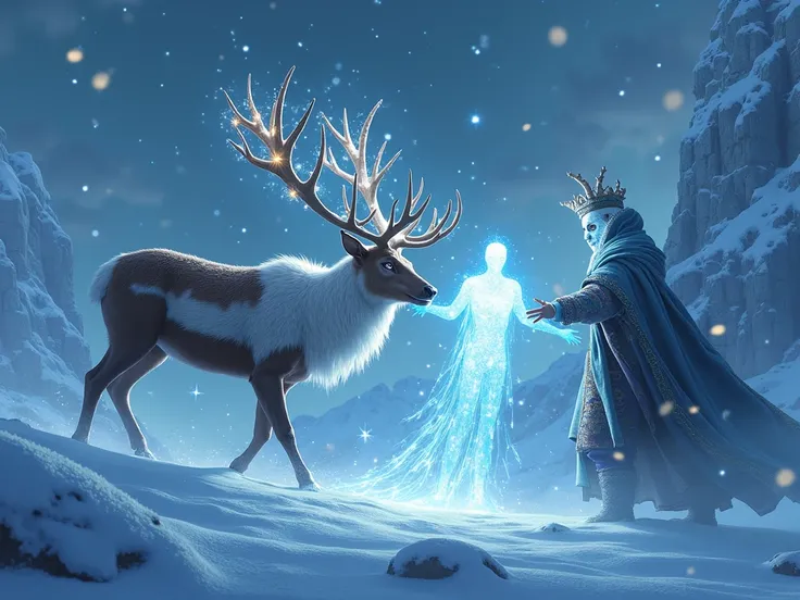 a magic reindeer rescuing the spirit of christmas of the hands from an evil man with ice powers