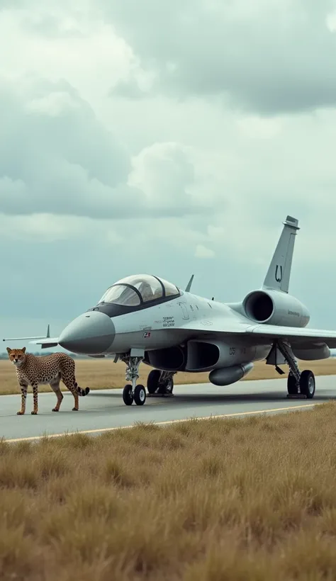 "A futuristic jet resting on a runway, with a cheetah standing beside it in a ready-to-run pose. The setting is a mix of technology and nature, with a cloudy sky and a wide-open field."






