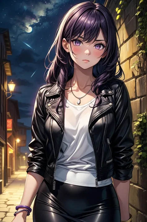 ((masterpiece, best quality:1.3, high detail)), beautiful serious woman, looking to side, long wavy hair, (dark purple hair), hairpin, bright purple eyes, light blush, (leather jacket, white t-shirt), (long black pencil (skirt)), long skirt, necklace, brac...