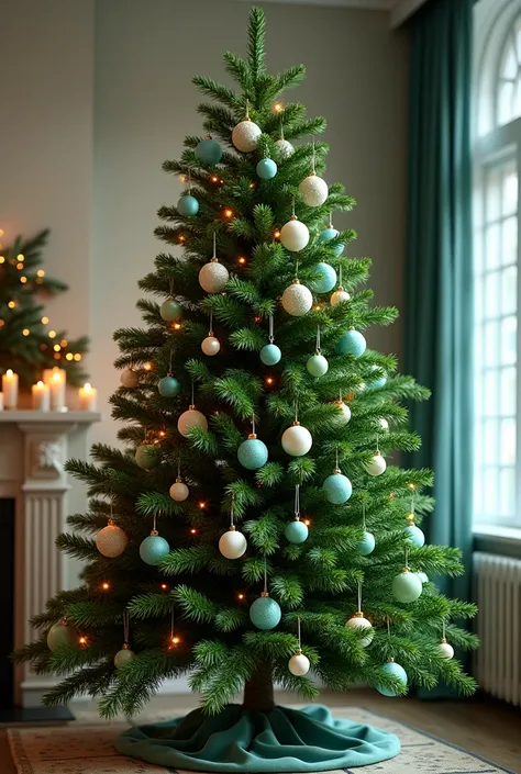 Sapin vert dakota avec des boules de noël turquoise, blanc et vert clair