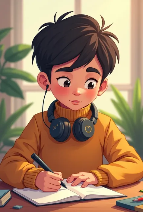 cartoon teen boy in turtle neck shirt is writing seriously he while listening to song.