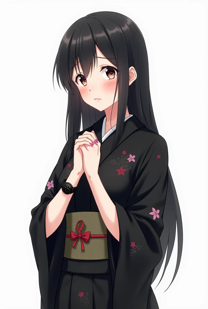 Anime girl with black yukata with worried flowers and with a white background and a full body and with pink nails and a black watch with her fists on her chest both hands with an emotion of nervousness and with an expression of concern and a feeling of sad...