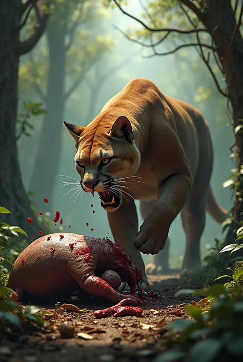 a cougar is devouring a dead armadillo in a forest in a bloodthirsty manner