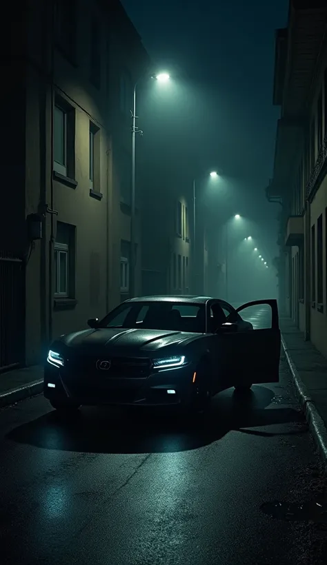 "A sleek black sedan parked in a desolate alleyway at night, with its door slightly open and no one inside."