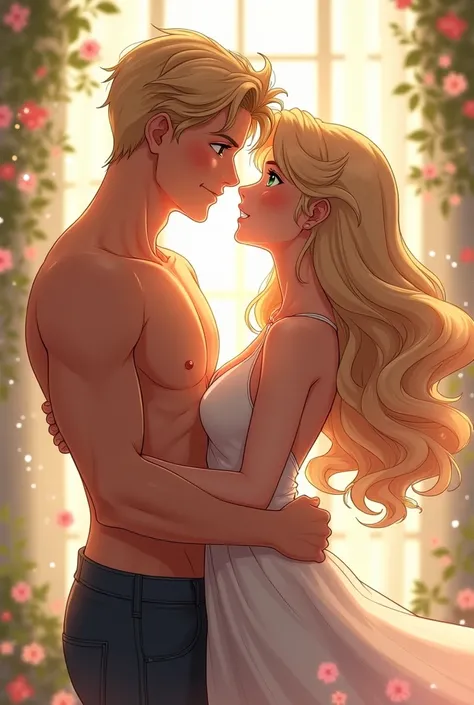 An anime couple, of a sexy woman with curly, voluminous platinum blonde hair and green eyes with her sexy blonde boyfriend who has blue eyes, They are in love, blushing