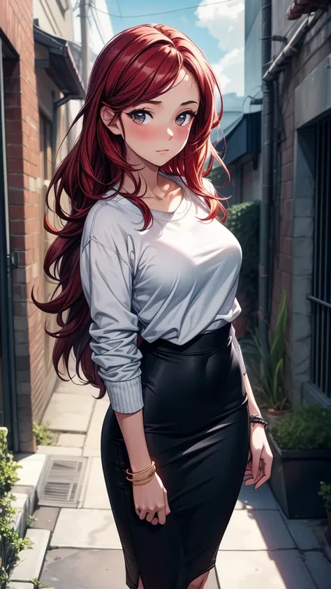 ((masterpiece, best quality:1.3, high detail)), beautiful woman, looking at viewer, long wavy hair, (dark red hair), full-face blush, (white sweatshirt), wrinkled fabric, (long black midi pencil (skirt)), bracelets, collarbone, outdoors, (cloudy sky), (low...