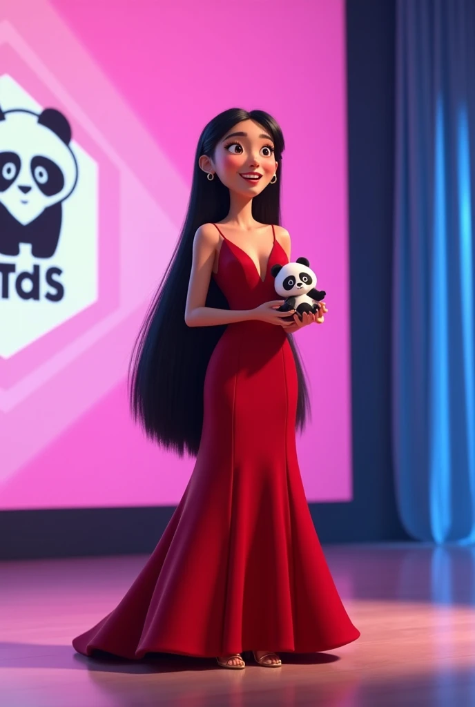 Woman 30 years, long black straight hair, wearing red v strap long taffeta ball gown dress with gold strap high heels sandals. 
Thanking on microphone and Holding award in the form of a small white and black panda 🐼, with pink and blue background screen th...