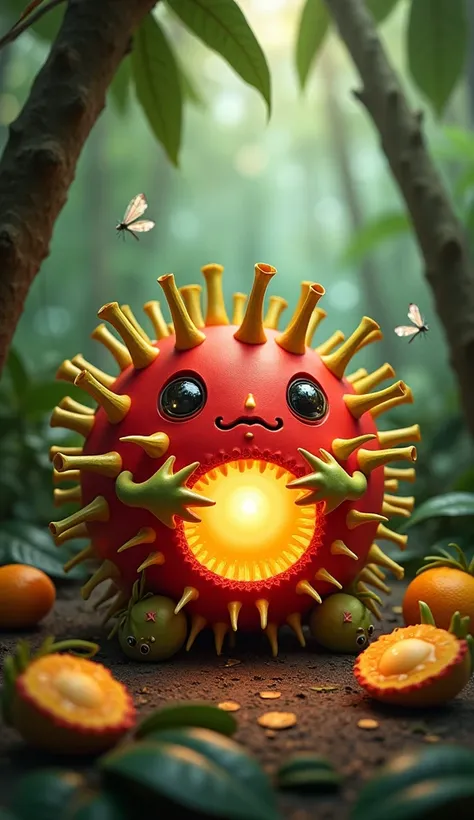 "Design a quirky rambutan creature with a round, red body covered in soft, spiky green and yellow tendrils. Its sparkling eyes peek out mischievously from between the spikes, and it has tiny leafy arms. The creature lounges under a tropical tree, surrounde...