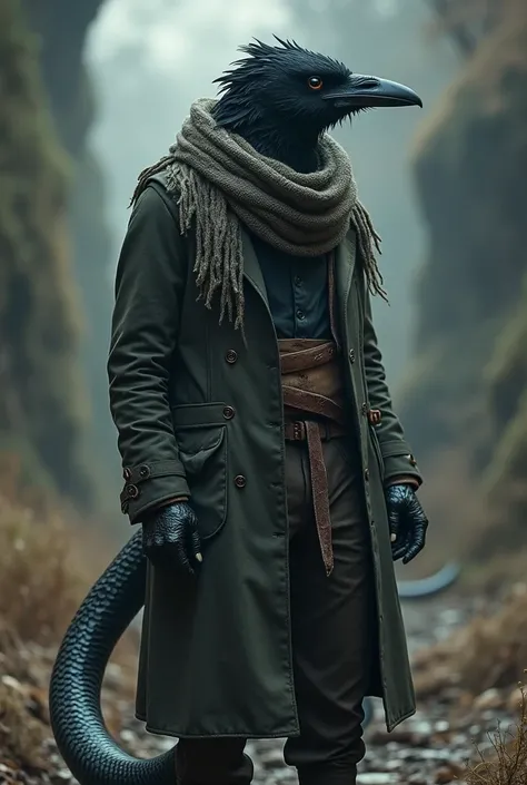 A man with a crow head wearing a scarf and waste lander clothes and his bottom half is a snake