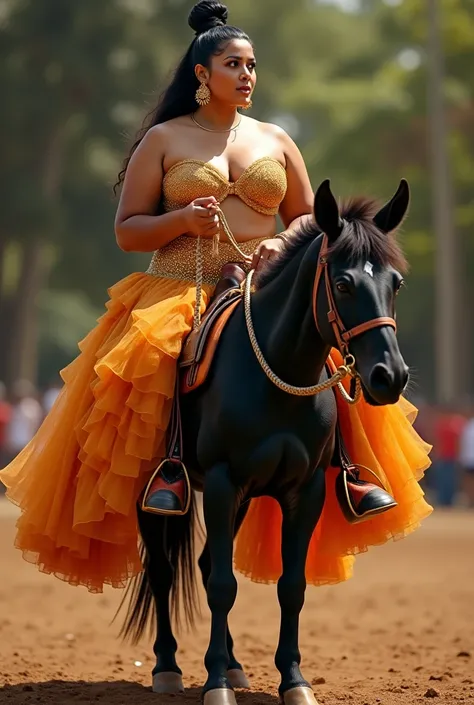 Plus size dusky indian aunty wearing a long golden petticoat and a golden bra is riding on the back of a small black pony. She is wearing high heels and her hair is tied in a bun. She is holding a whip in her hand. She is pulling the reigns of the horse re...