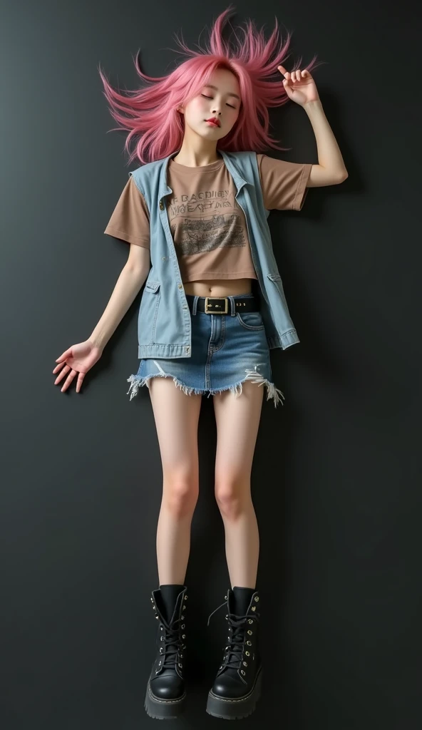 Full body ultra-realistic full body photo of a beautiful young Korean girl with pink hair fainted on a flat black matte floor. Her eyes are closed and her mouth is open. Her head is tilted to her, both arms straight up and away, her legs are tilted to the ...