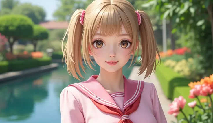 (((Twin tail blonde hair))),(((Pink sailor School Uniform))),(((looking at viewer:1.5))),(((Nice pose))),(((Photographing a girl from booty))), ulzzang-6500-v1 .1, (Raw photo:1.2), (Photo realistic:1.4), a beautiful detailed girl, extremely detailed eye an...