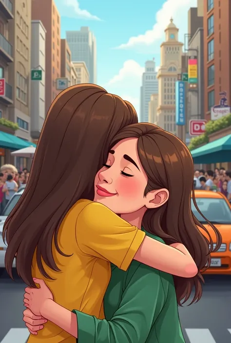 Cartoon teen girl with long brown hair wearing yellow shirt.  is cuddling with her mother  (wearing a green shirt )  her background is crowded in the city 