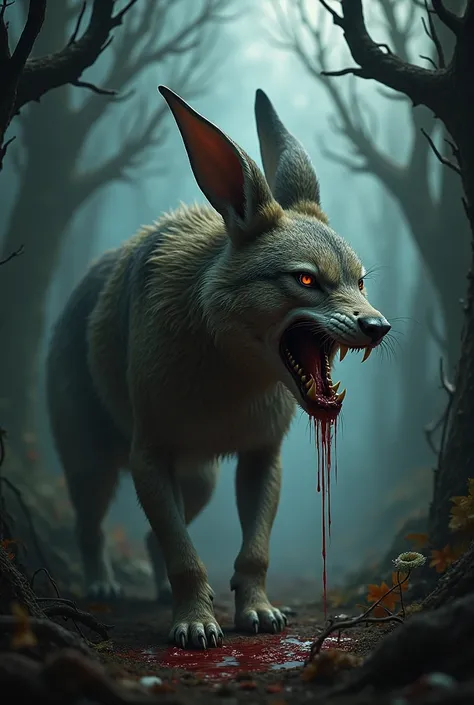 a wolf rabbit with flowing blood in the mouth in a forest