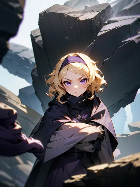 1female, blonde hair, short hair, wavy hair, grey headband, oversized black poncho with collar, black sweater, grey scarf, purple eyes, serious, adult, black glove, cave, rocks, robot arms, beautiful