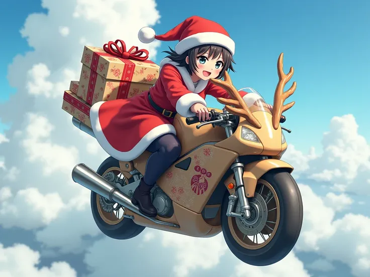 Realistic Japanese style 、schoolgirl、 Santa Claus、8 heads、whole body。One person、 reindeer-shaped motorcycle、 flying in the sky、In the middle of handing out presents、