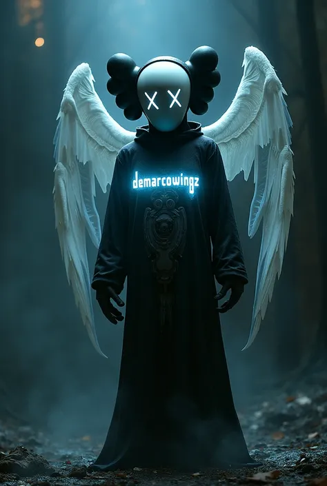 Ghostface kaws mix with wings amd thr words “DemarcoWingz” across the chest in glowing letters 