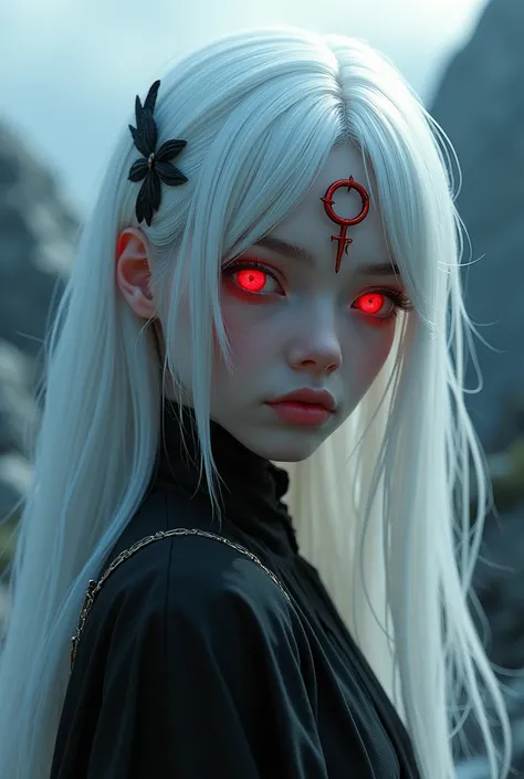 girl white hair red eyes long hair, snake pupils, Hair clip, Devil Mountain, There is a symbol on the forehead., Drop Shadow, 3D rendering, 