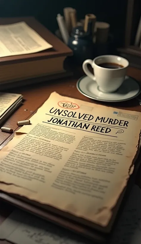 A close-up of a police case file labeled Unsolved Murder: Jonathan Reed lying on a desk, surrounded by scattered documents and a cup of cold coffee."

