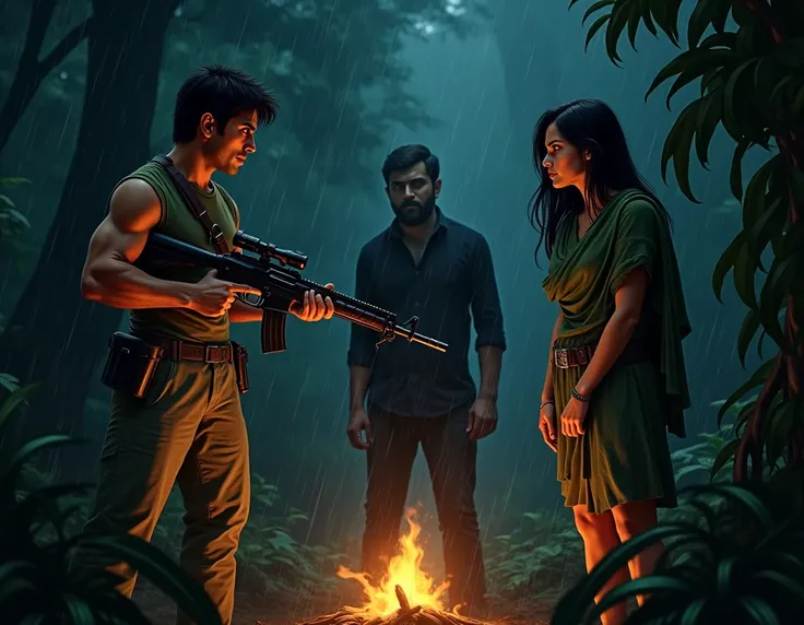 जंगल में पहली मुठभेड़:

प्रॉम्प्ट: "A dense forest at night under a light rain. Pushpa, a muscular man with short black hair and a rugged look, stands holding a rifle, his intense eyes showing anger. Opposite him is Shreya, a woman with long black hair and...