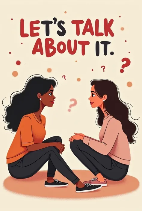 I want a cover design with creative lyrics for a podcast that says “LETS TALK ABOUT IT” and two girls chatting one brunette and the other trigueña both with laws in place and talking sitting face to face 